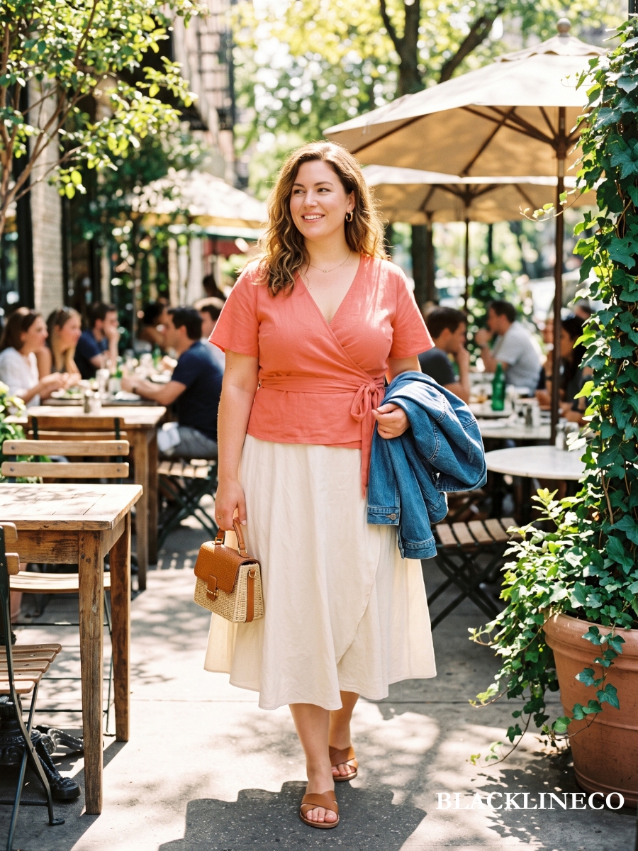 plus size coral wrap top with a cream A-line midi skirt and flat sandals