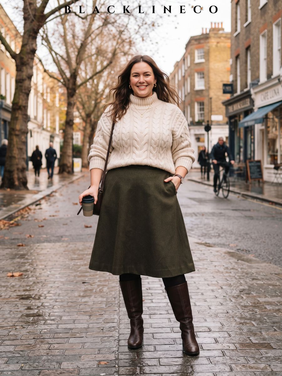 plus size cream cable-knit sweater with a lined midi skirt, black tights, and tall boots