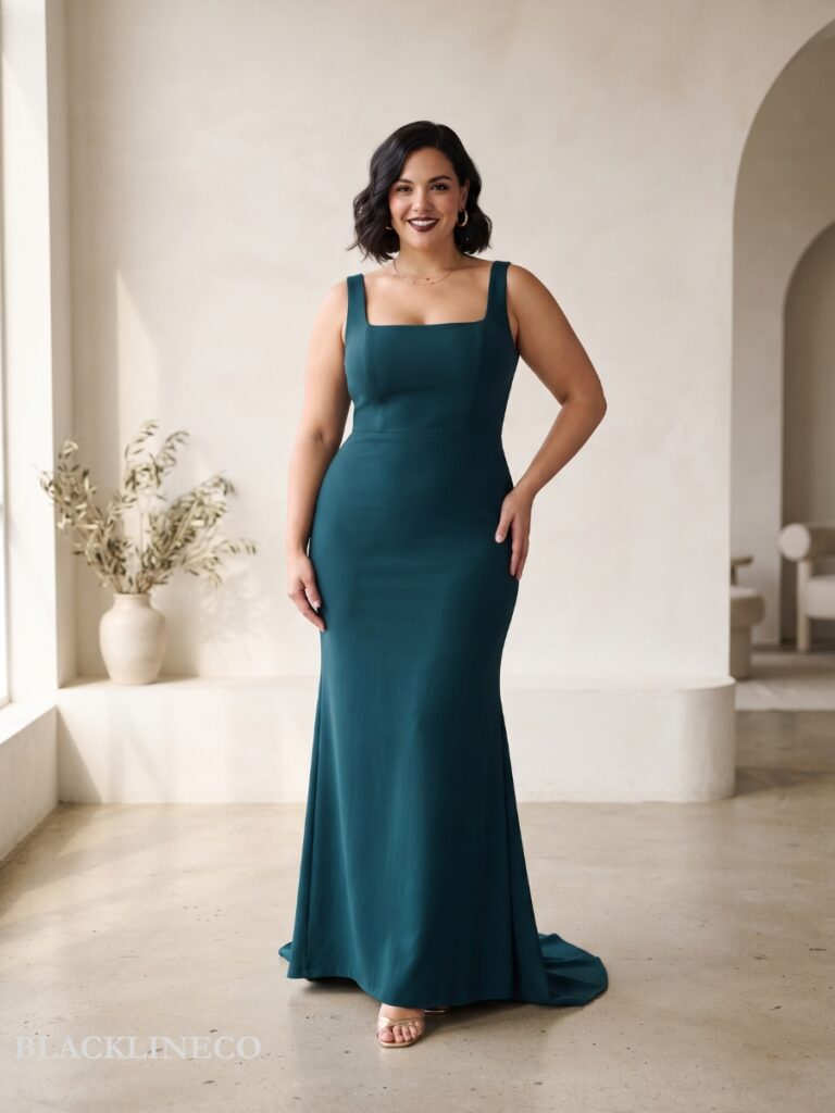 plus size square-neck stretch crepe formal gown