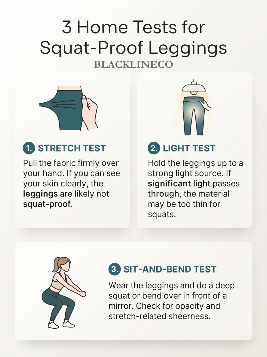 infographic showing three home tests for squat-proof plus size leggings