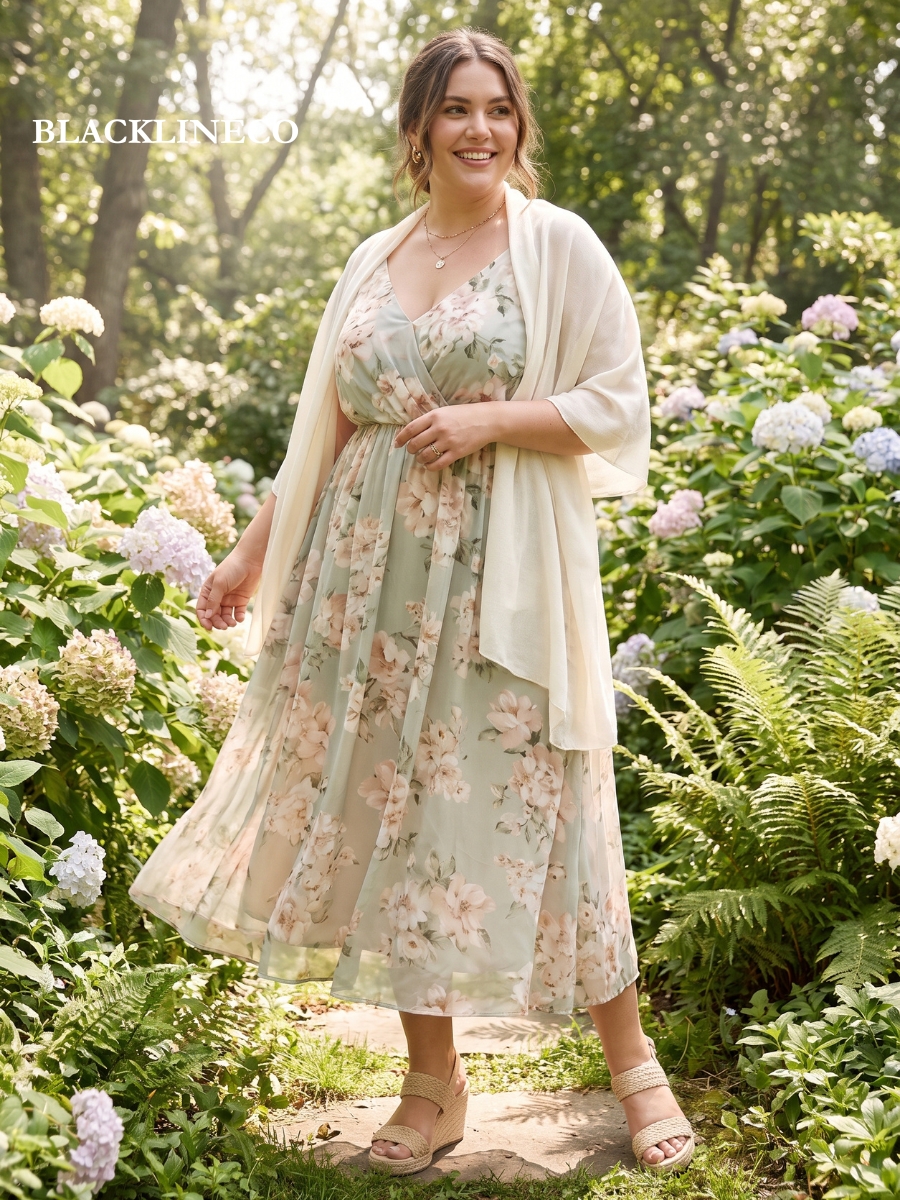 Plus size woman in a floral chiffon midi dress at an outdoor garden wedding