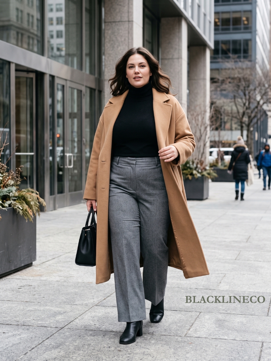 plus size winter work outfit with a black turtleneck, grey trousers, and a camel wool coat