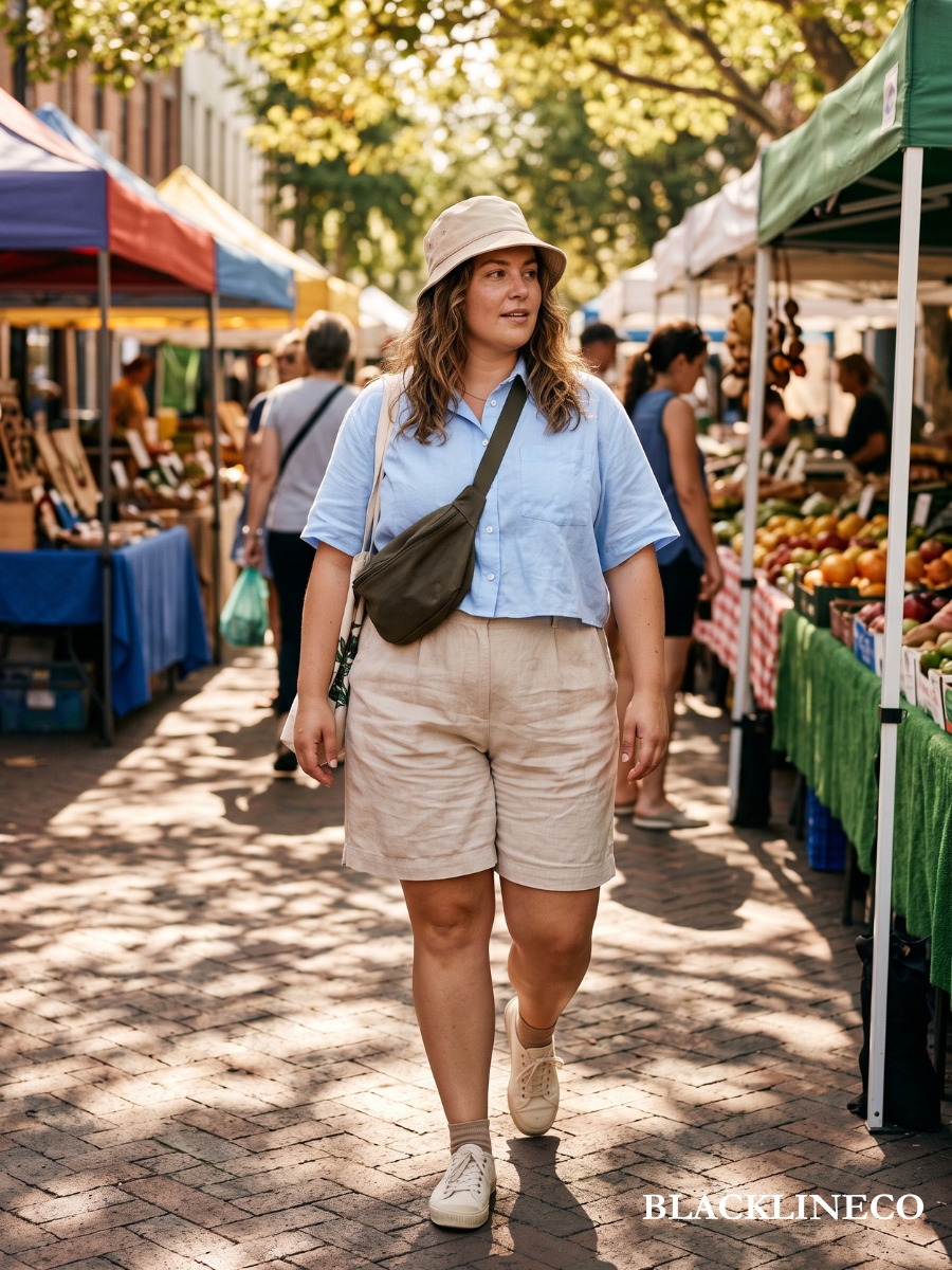 plus size beige linen shorts with a cropped light blue button-down shirt