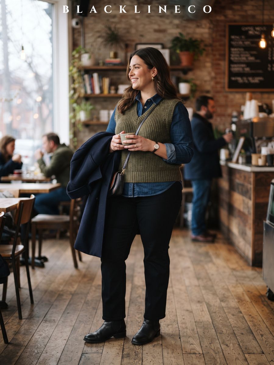 plus size denim shirt under an olive knit vest with black straight-leg trousers