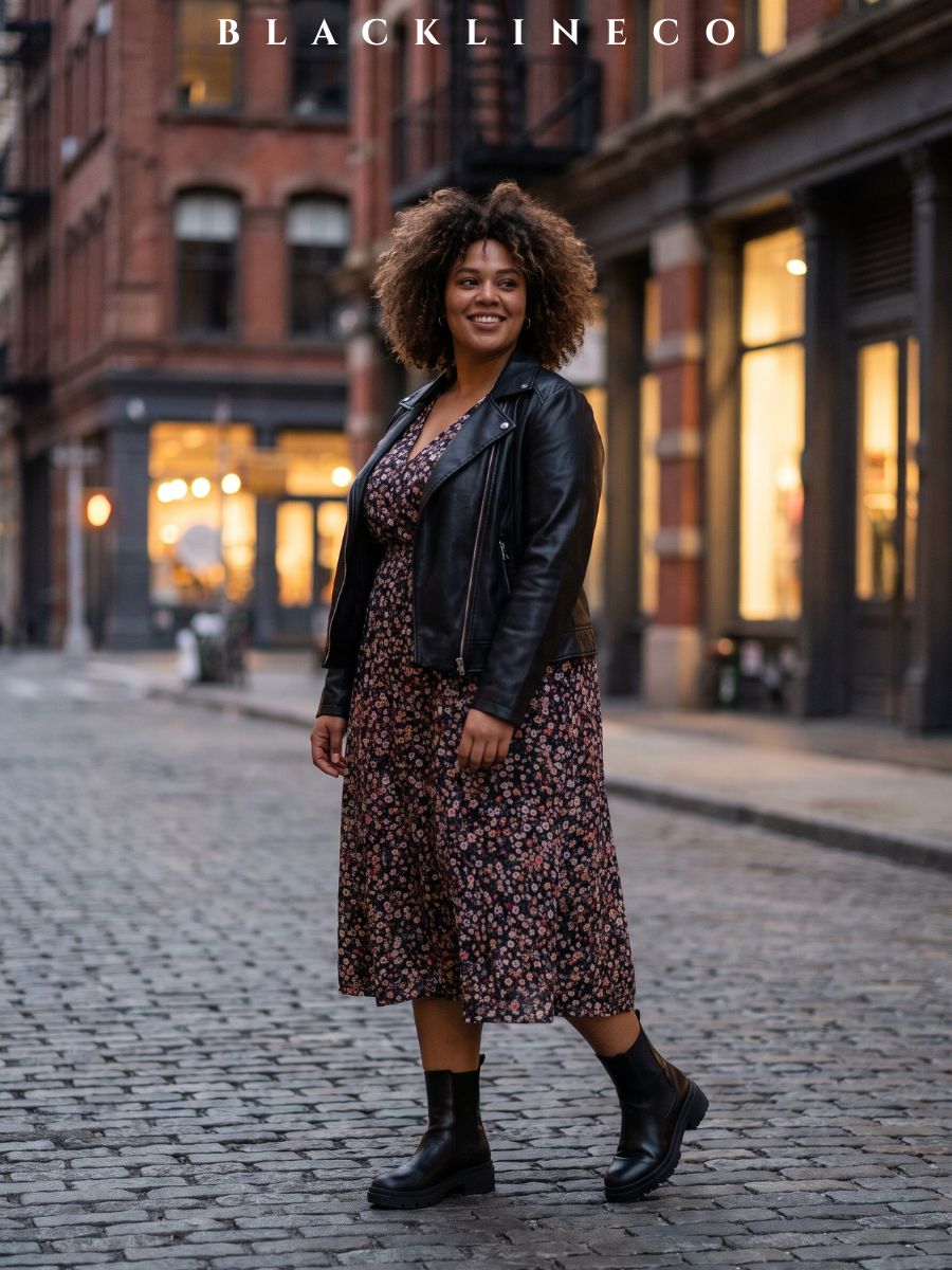 Plus size woman wearing a floral midi dress and black faux leather jacket