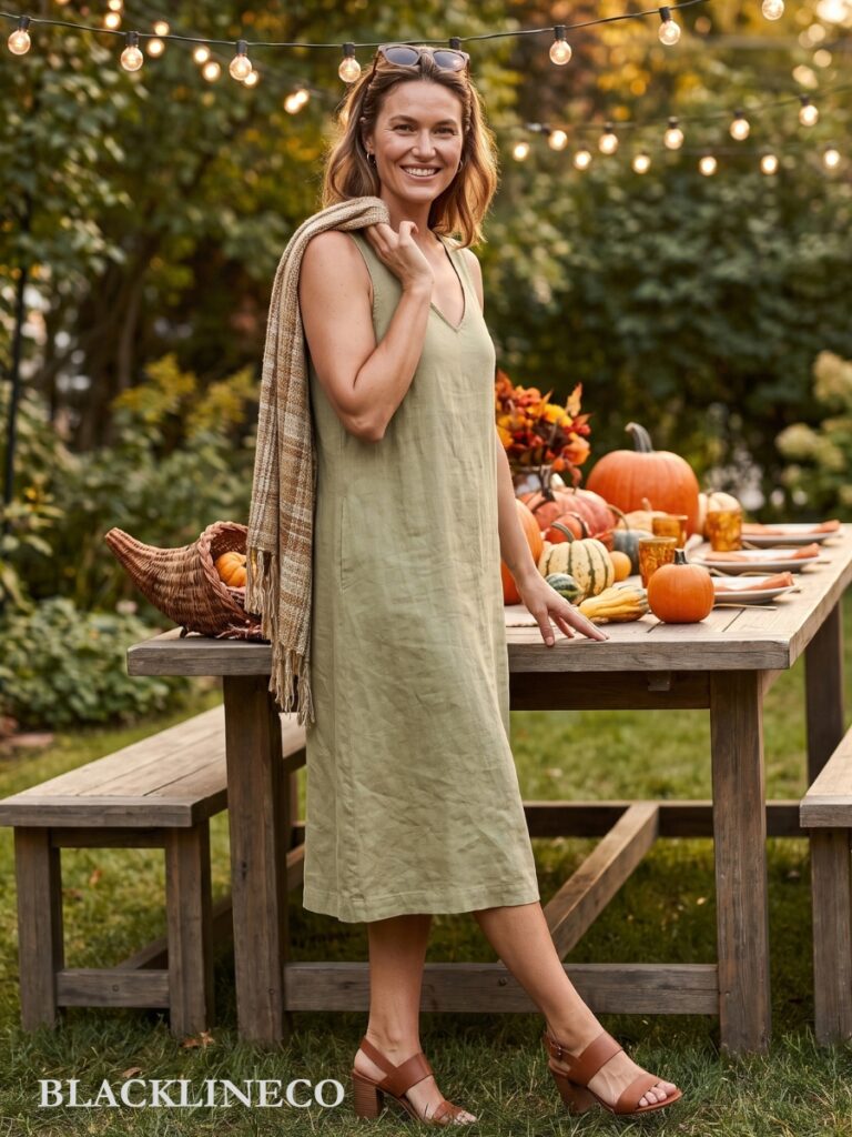 light midi dress and block heels for an outdoor patio Thanksgiving