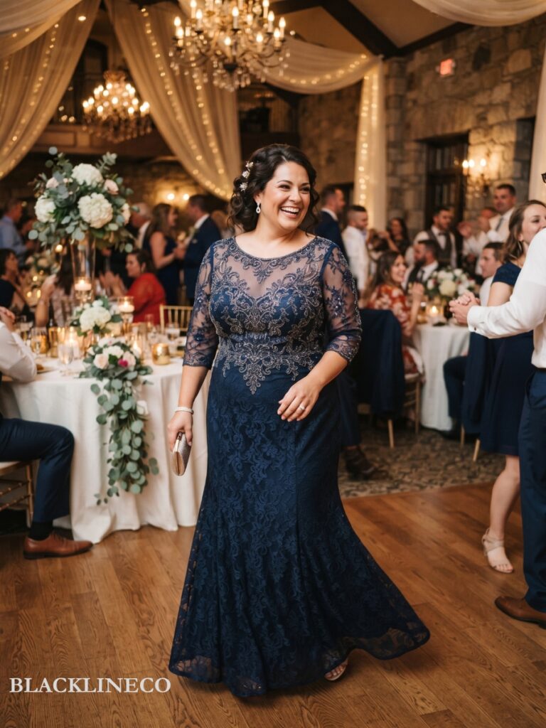 plus size illusion neckline formal dress with sheer sleeves