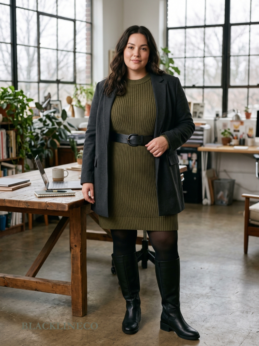 plus size olive sweater dress with black tights and knee-high boots for a cold-weather office