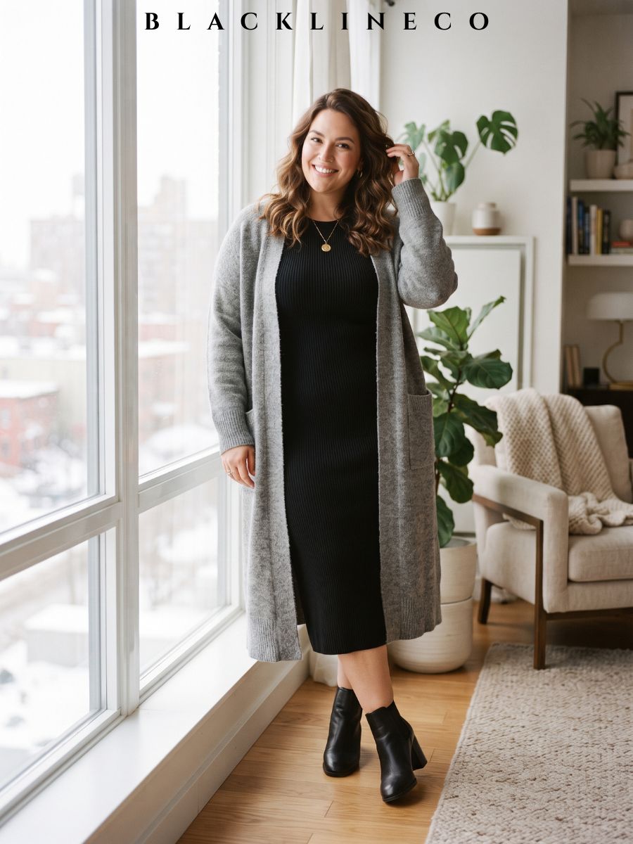 plus size black ribbed knit dress under a soft grey longline cardigan