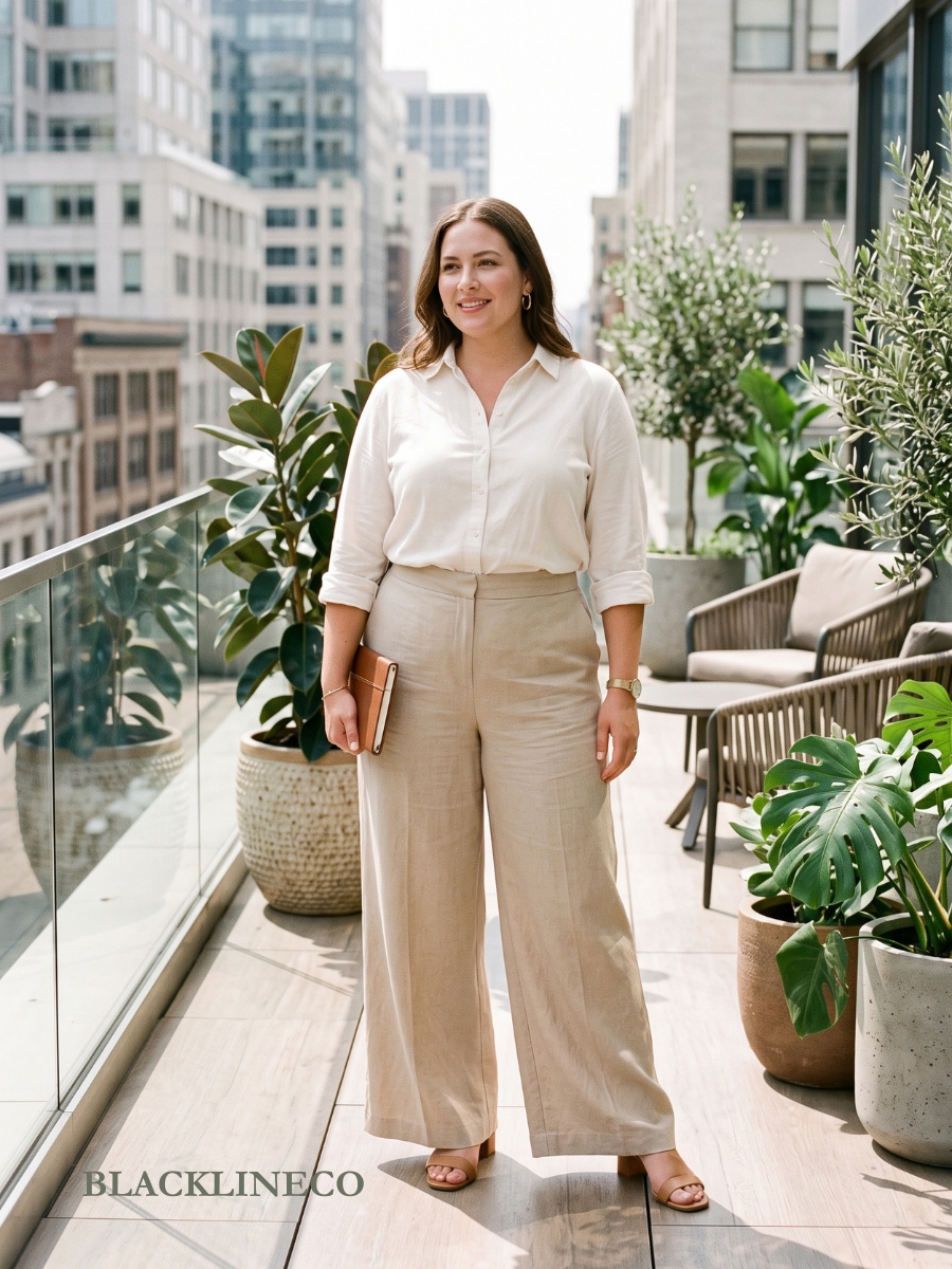 plus size summer work outfit with an ivory blouse and beige linen palazzo pants