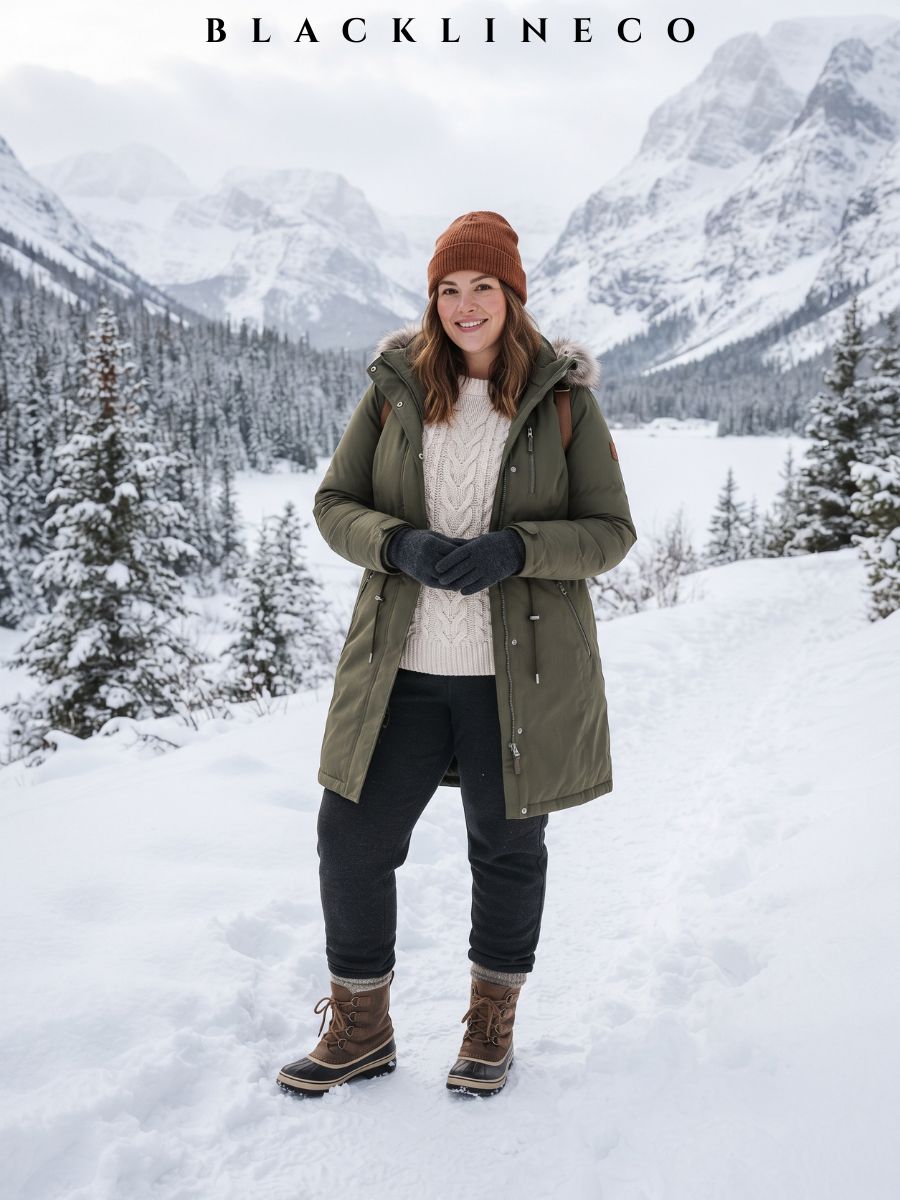 plus size long insulated olive parka with a chunky sweater, hat, gloves, and waterproof boots