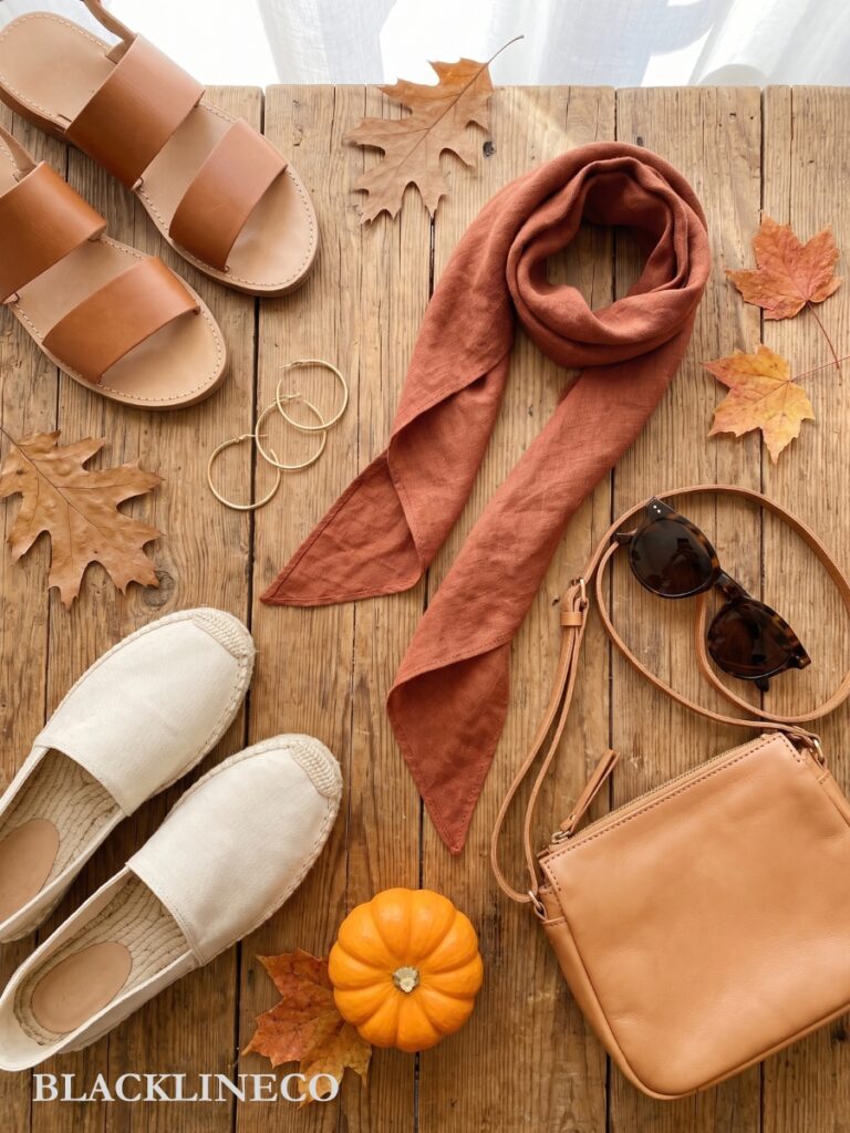 sandals, earrings, scarf and sunglasses for a hot weather Thanksgiving outfit