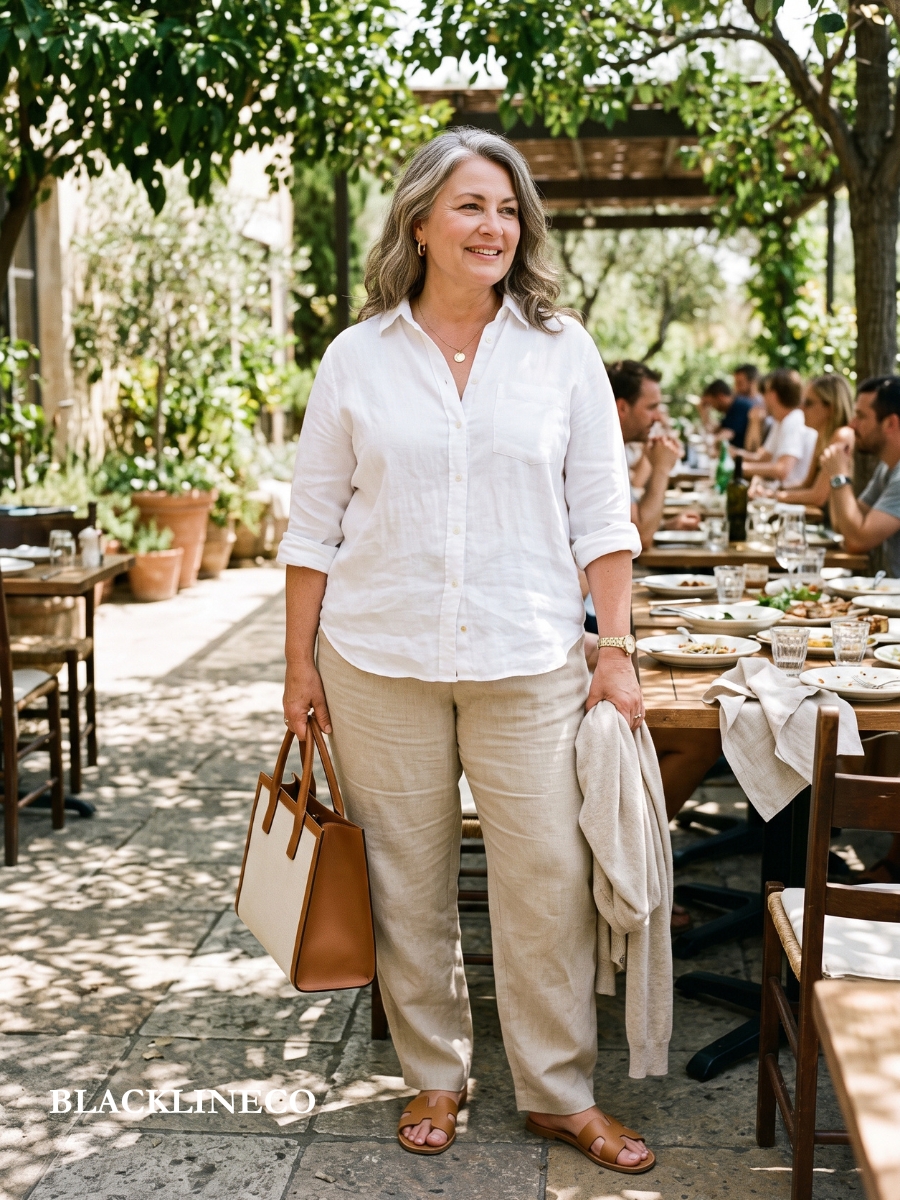 plus size woman over 40 in a white linen shirt, beige trousers, and flat sandals