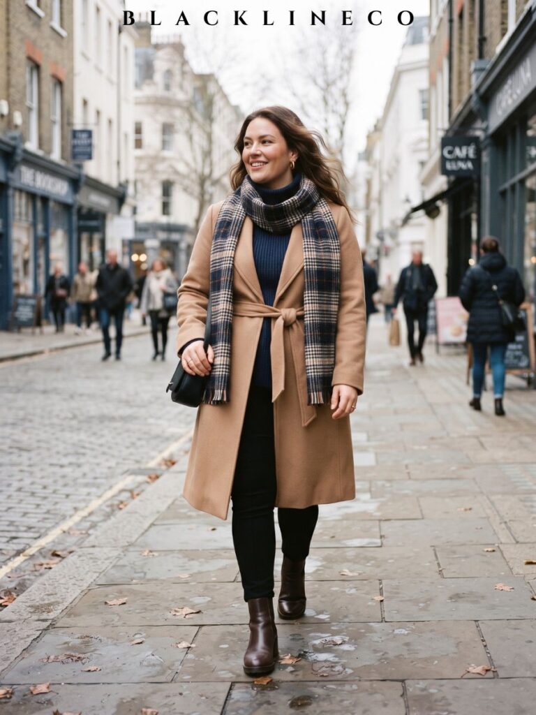 plus size navy turtleneck with ponte trousers and a camel wrap coat on a city street