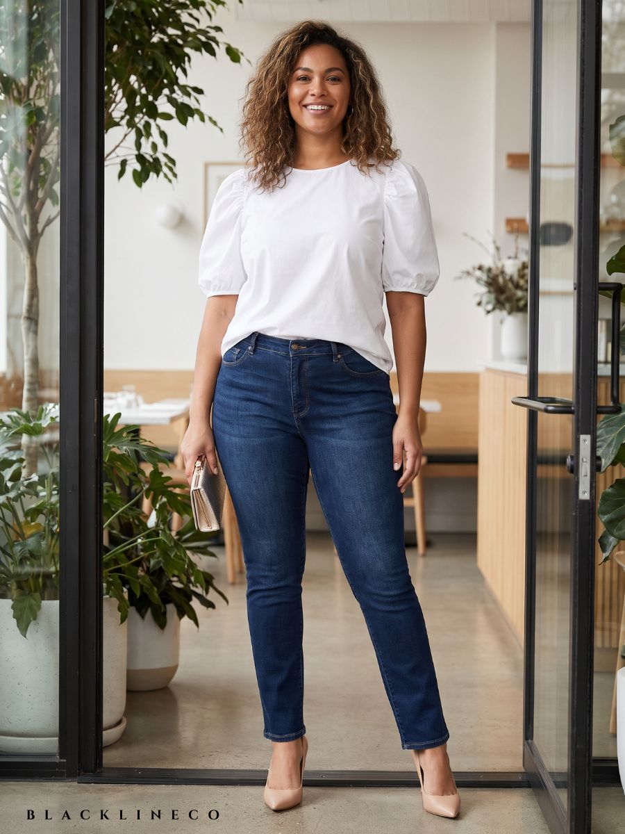 Curvy woman wearing a white puff-sleeve blouse and dark wash skinny straight jeans