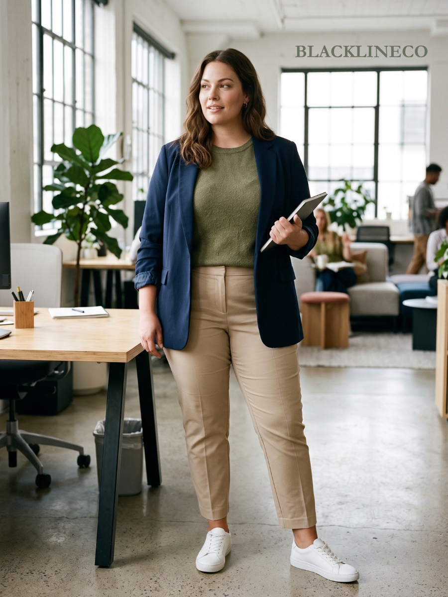 plus size casual Friday work outfit with an olive knit top, beige chinos, and a navy blazer