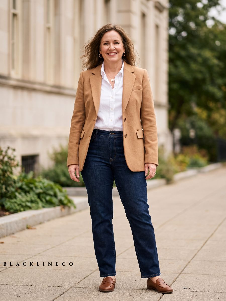 Plus size woman over 40 wearing a camel blazer and dark straight-leg jeans