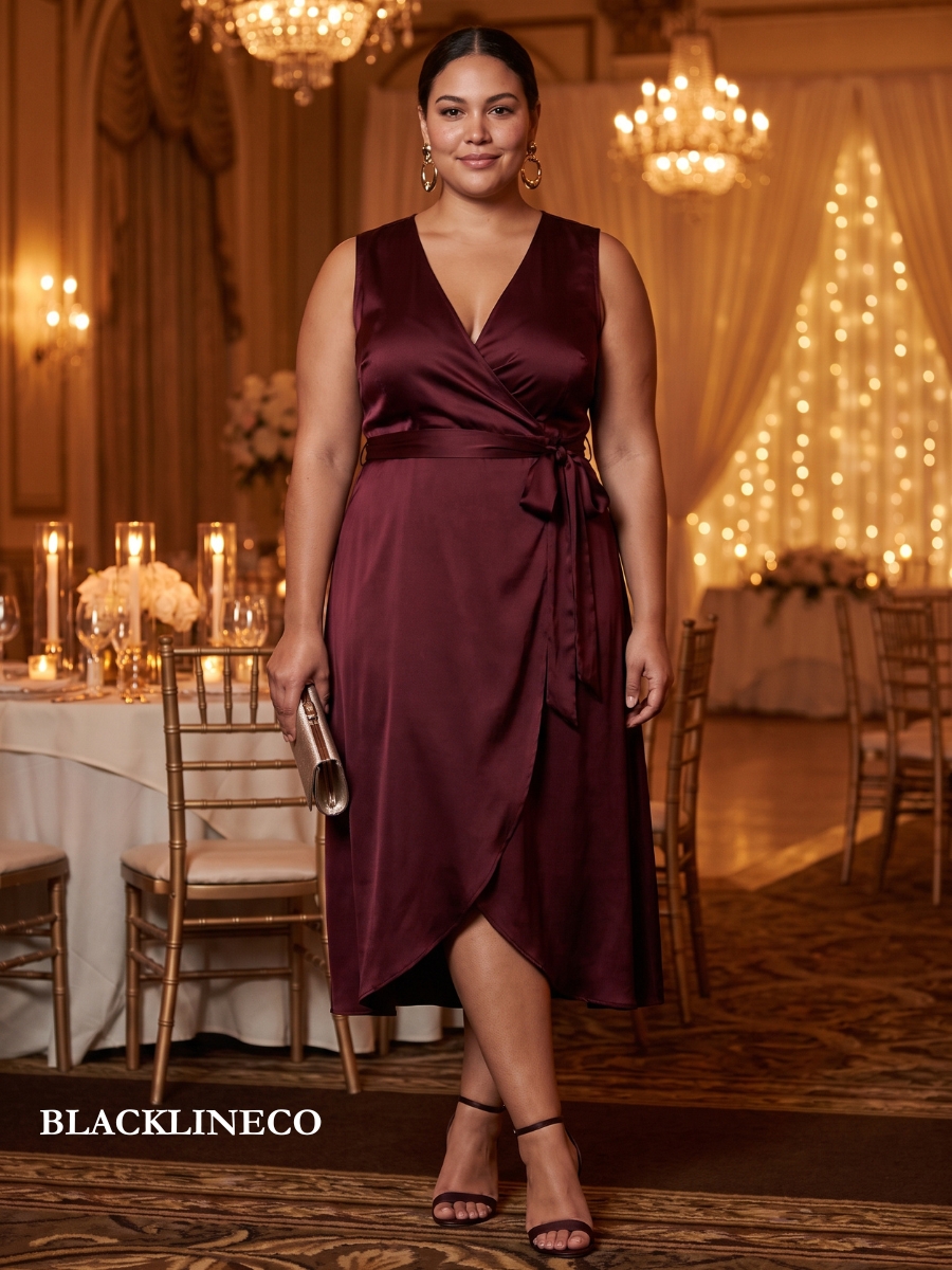 Plus size woman in a burgundy satin wrap midi dress at an evening wedding reception