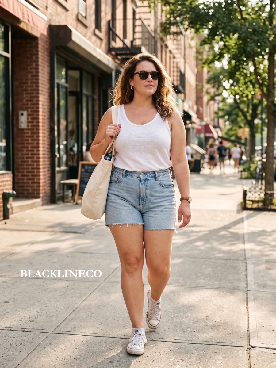 plus size summer outfit with high-waisted denim shorts and a white cotton tank top