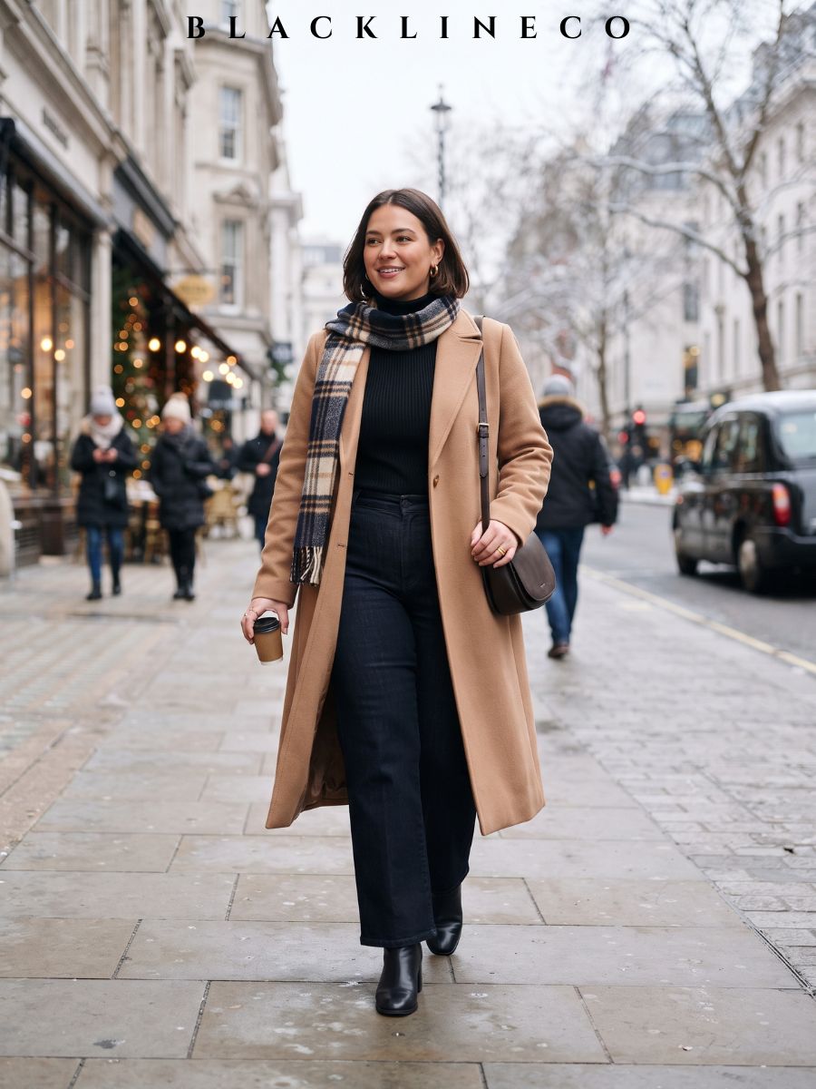plus size long camel wool coat over a black turtleneck and dark wide-leg jeans
