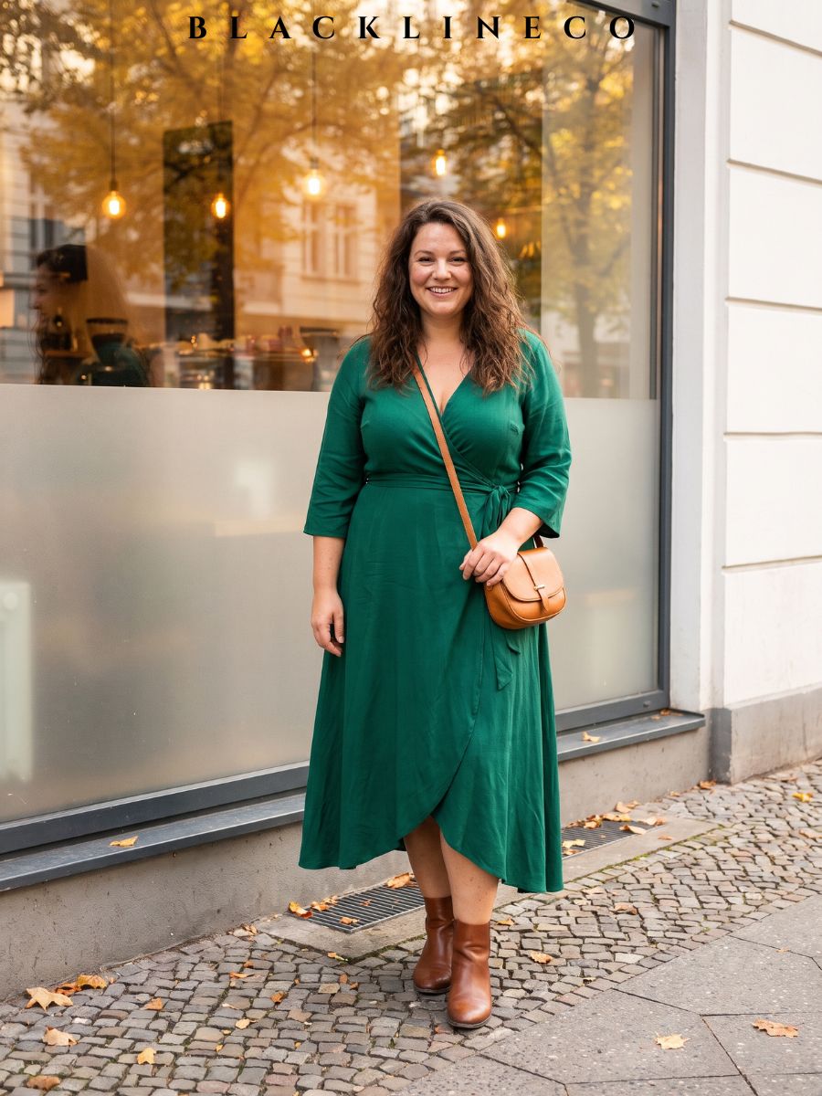 Plus size woman wearing an emerald green wrap dress with brown ankle boots