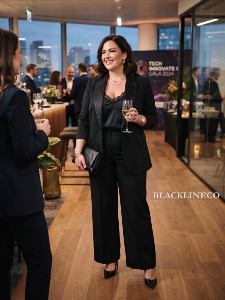 plus size formal pantsuit with satin lapels and wide-leg trousers
