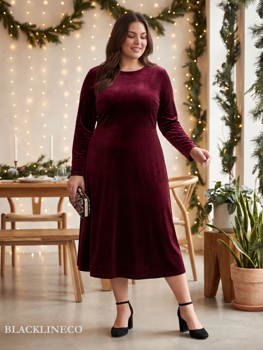 plus size velvet midi dress in burgundy with long sleeves for a holiday party