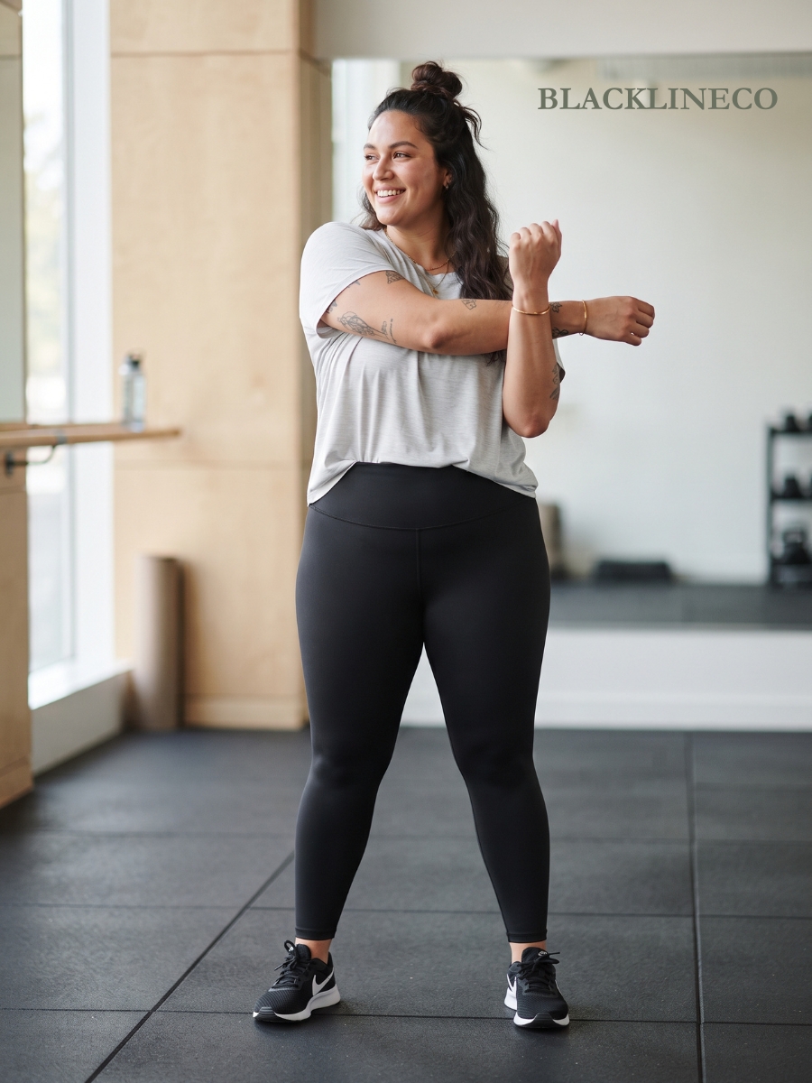 plus size gym outfit with an oversized moisture-wicking tee and leggings