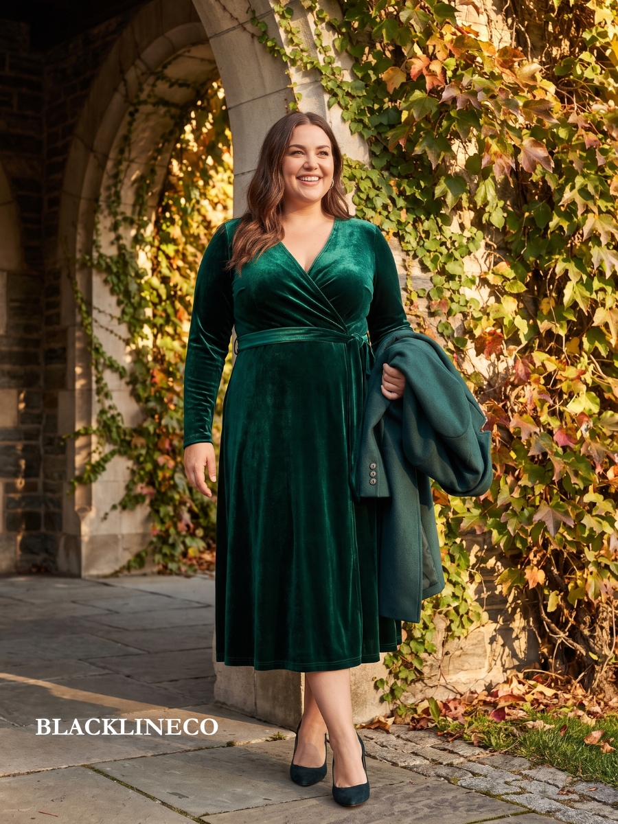 Plus size woman wearing an emerald velvet wrap midi dress for a fall wedding