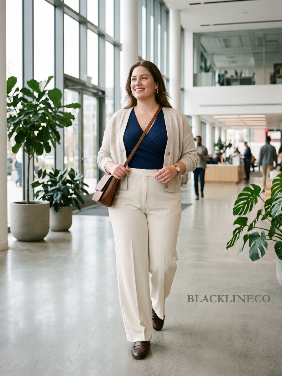 plus size office outfit with cream wide-leg trousers and a navy structured wrap top