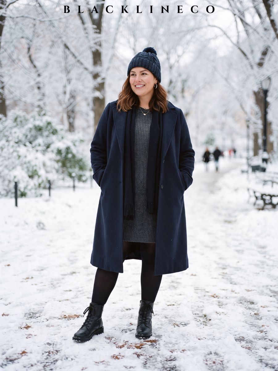 plus size charcoal knit sweater dress with black tights, ankle boots, and a navy coat