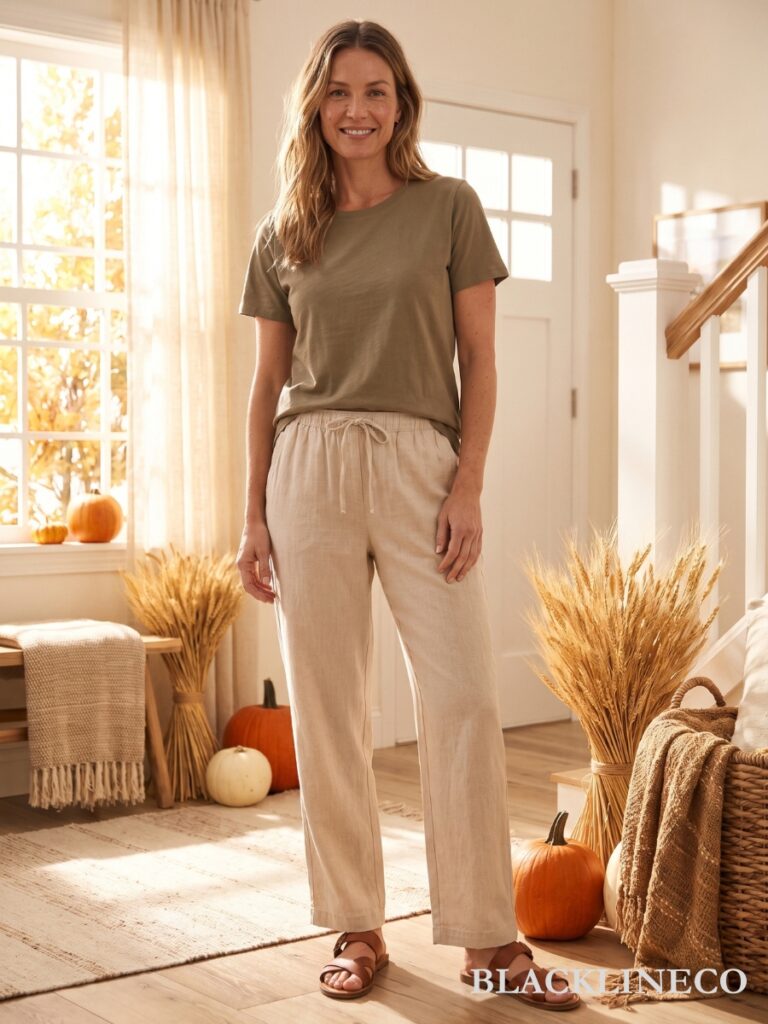 linen-blend pants and short-sleeve top hot weather Thanksgiving outfit