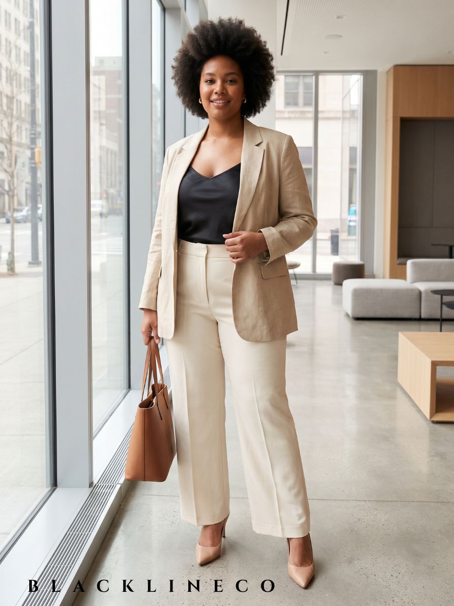 Plus size woman wearing a beige blazer, satin camisole, and cream wide-leg trousers in an office