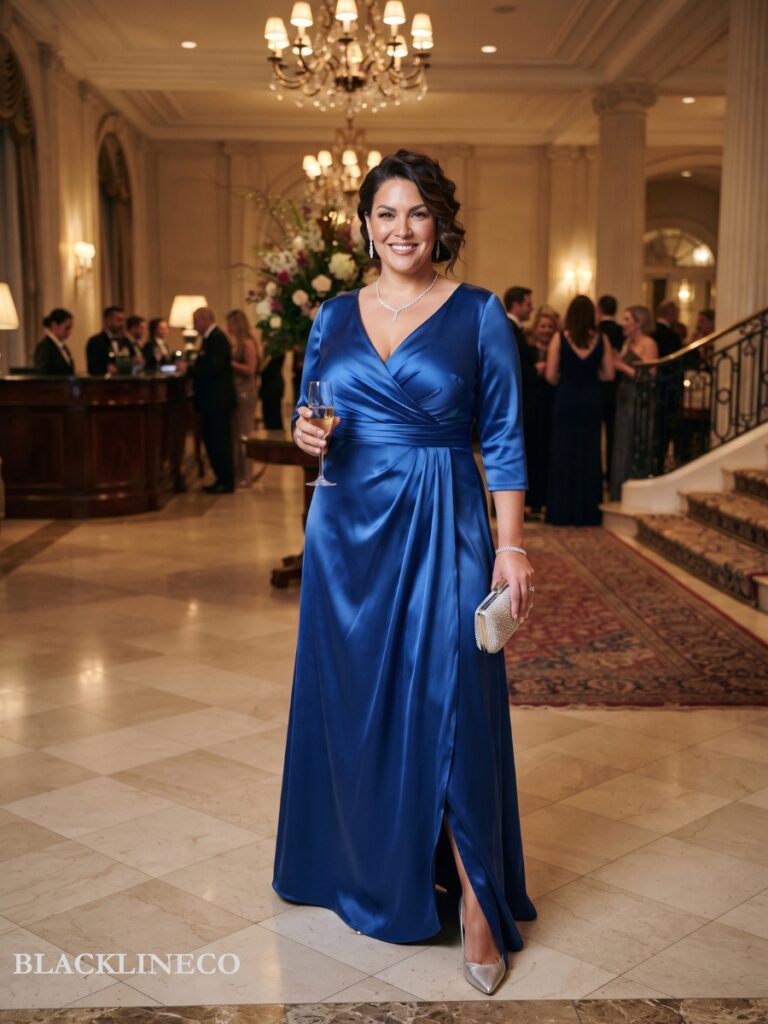 plus size wrap-style satin evening gown in sapphire blue