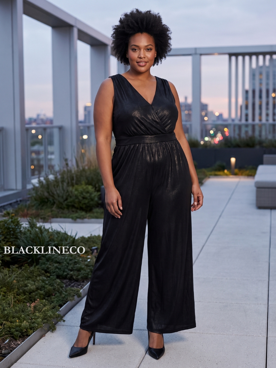 plus size wide-leg black jumpsuit with metallic shimmer for a cocktail event