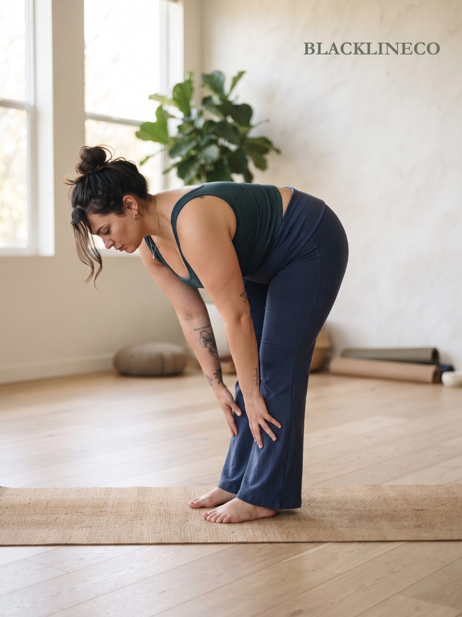 plus size yoga outfit with flare pants and a fitted tank top