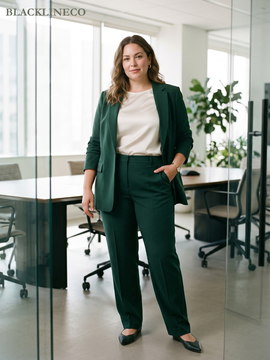 plus size monochrome deep green pantsuit with an ivory blouse for work meetings