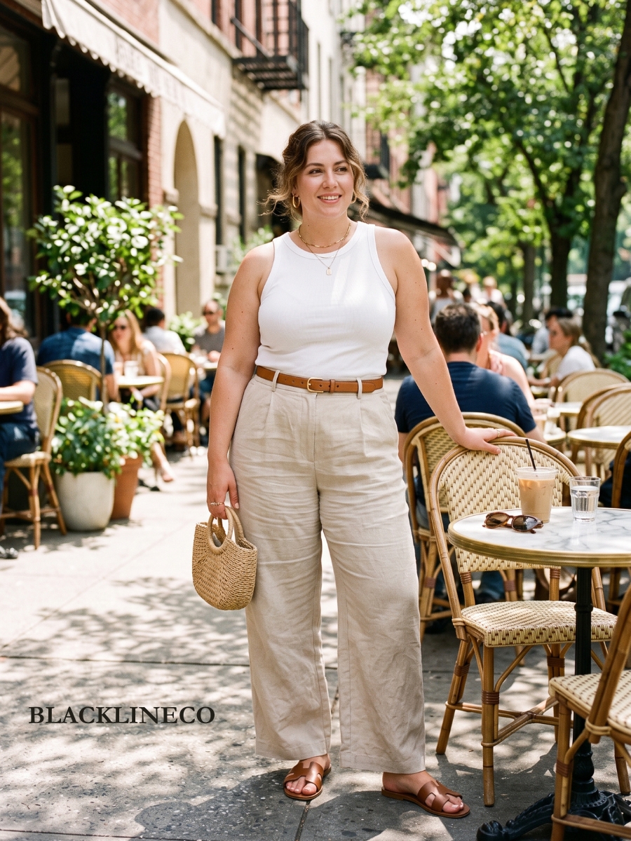 plus size beige wide-leg linen pants with a white ribbed tank top