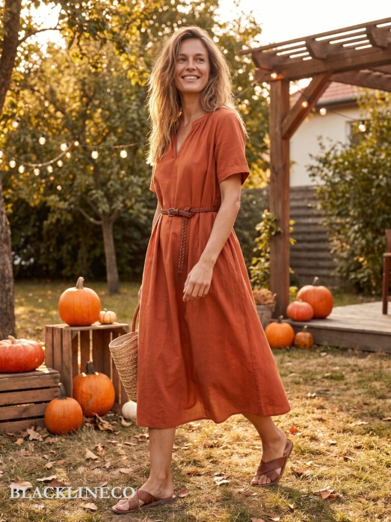 burnt orange midi dress with sandals for a hot weather Thanksgiving