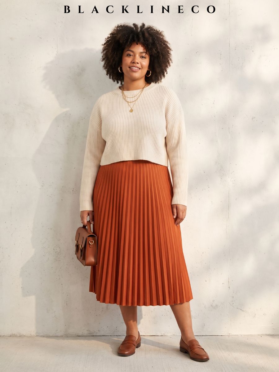 Curvy woman wearing a rust orange pleated midi skirt and a cream cropped knit sweater