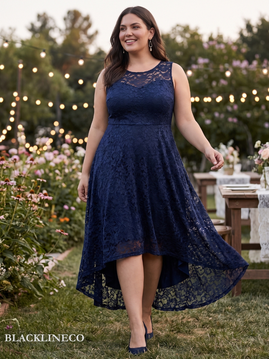 plus size navy lace midi dress with a high-low hem for a cocktail reception
