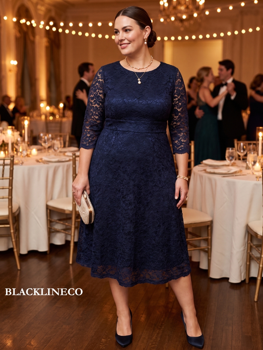 Plus size woman in a navy lace cocktail midi dress at a formal wedding reception