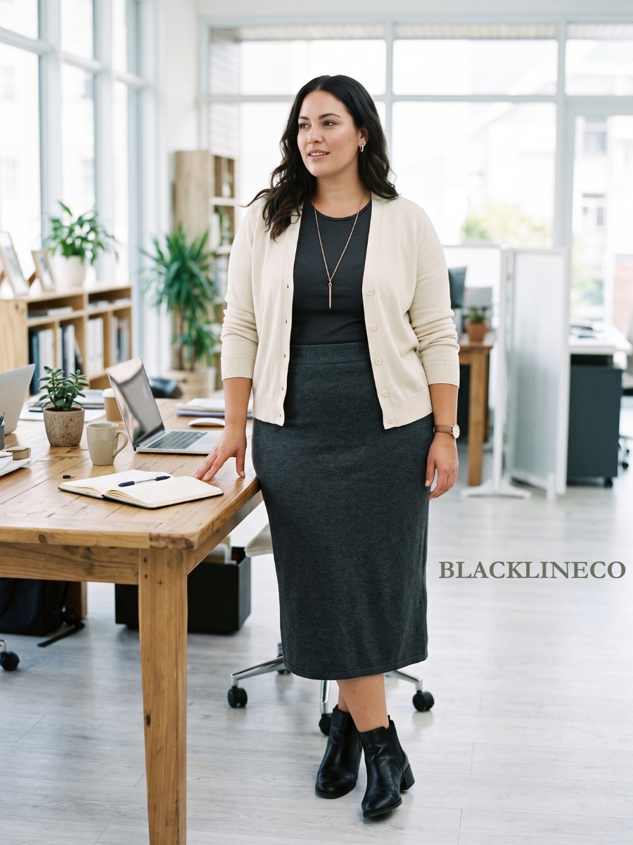 plus size work outfit with a charcoal knit midi skirt and a cream tailored cardigan