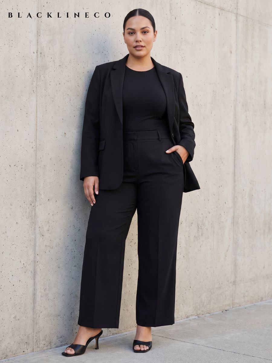 Plus size woman wearing an all-black monochrome outfit with trousers and blazer