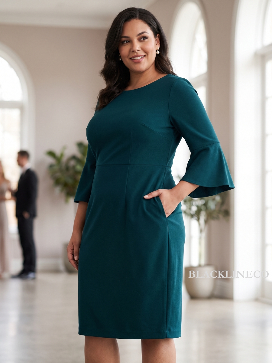 plus size cocktail attire with sleeves, a teal knee-length dress with bell sleeves