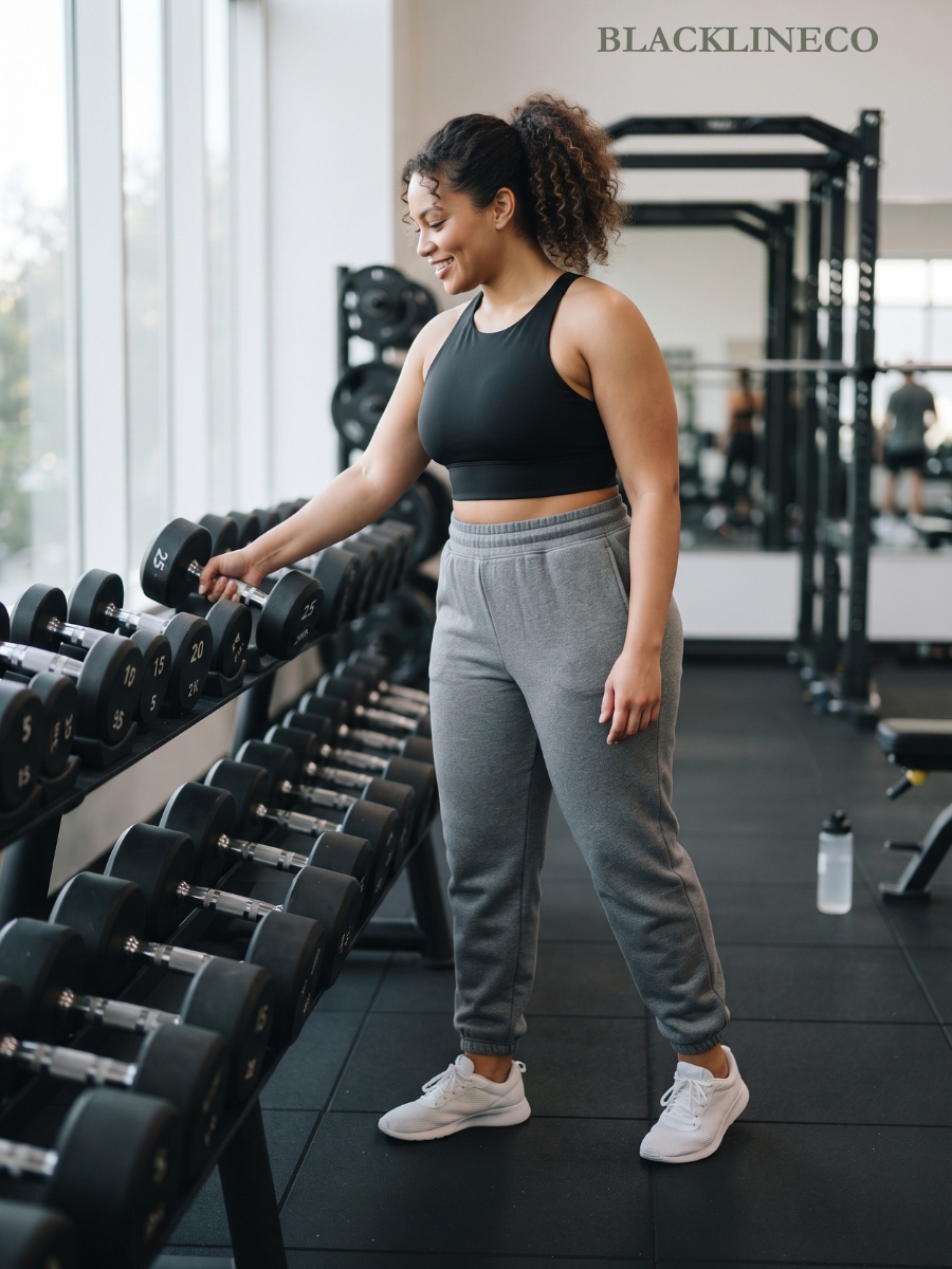 plus size longline sports bra with high-waisted joggers