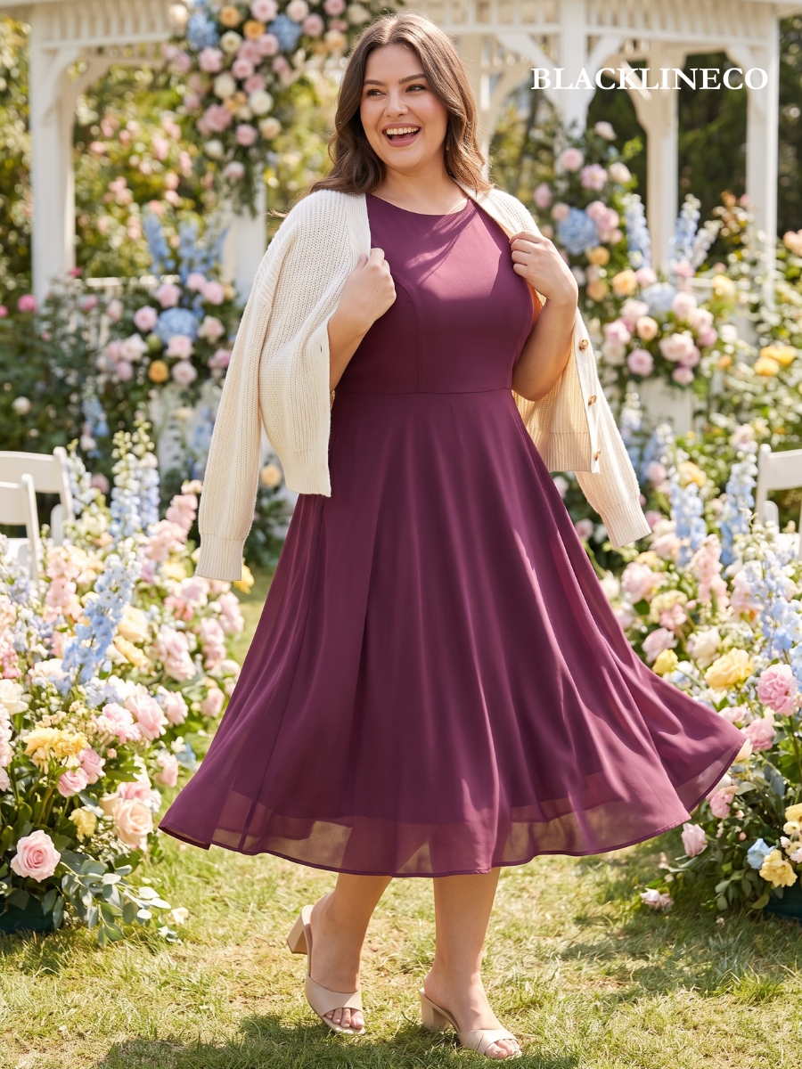 Plus size woman in a plum fit-and-flare midi dress at a garden wedding
