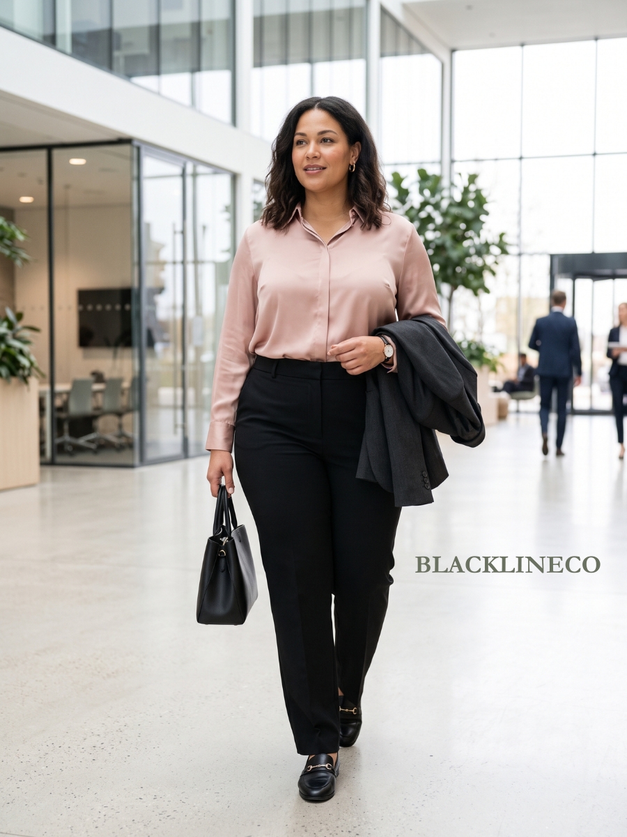plus size straight-leg black trousers with a satin-feel blush blouse for the office