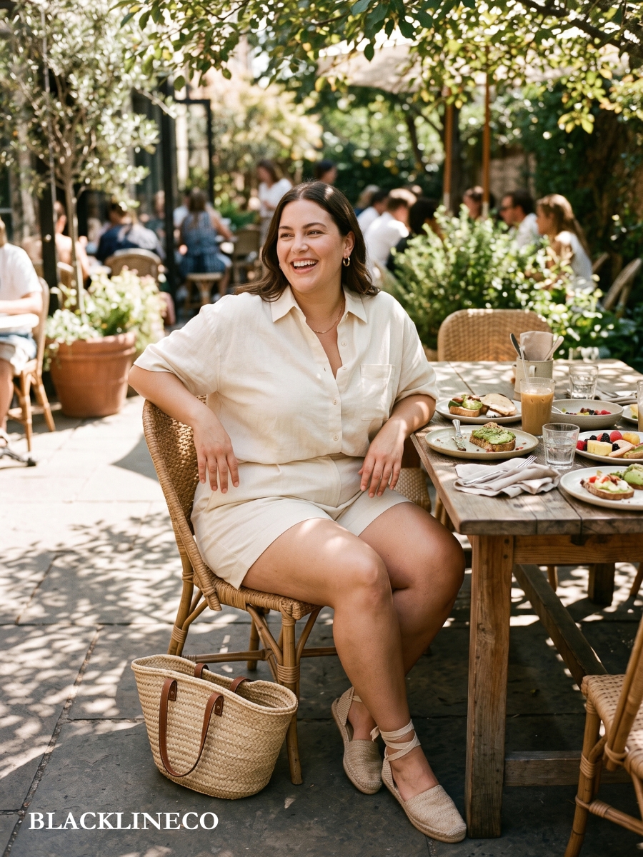 plus size cream linen co-ord set with a short-sleeve shirt and shorts