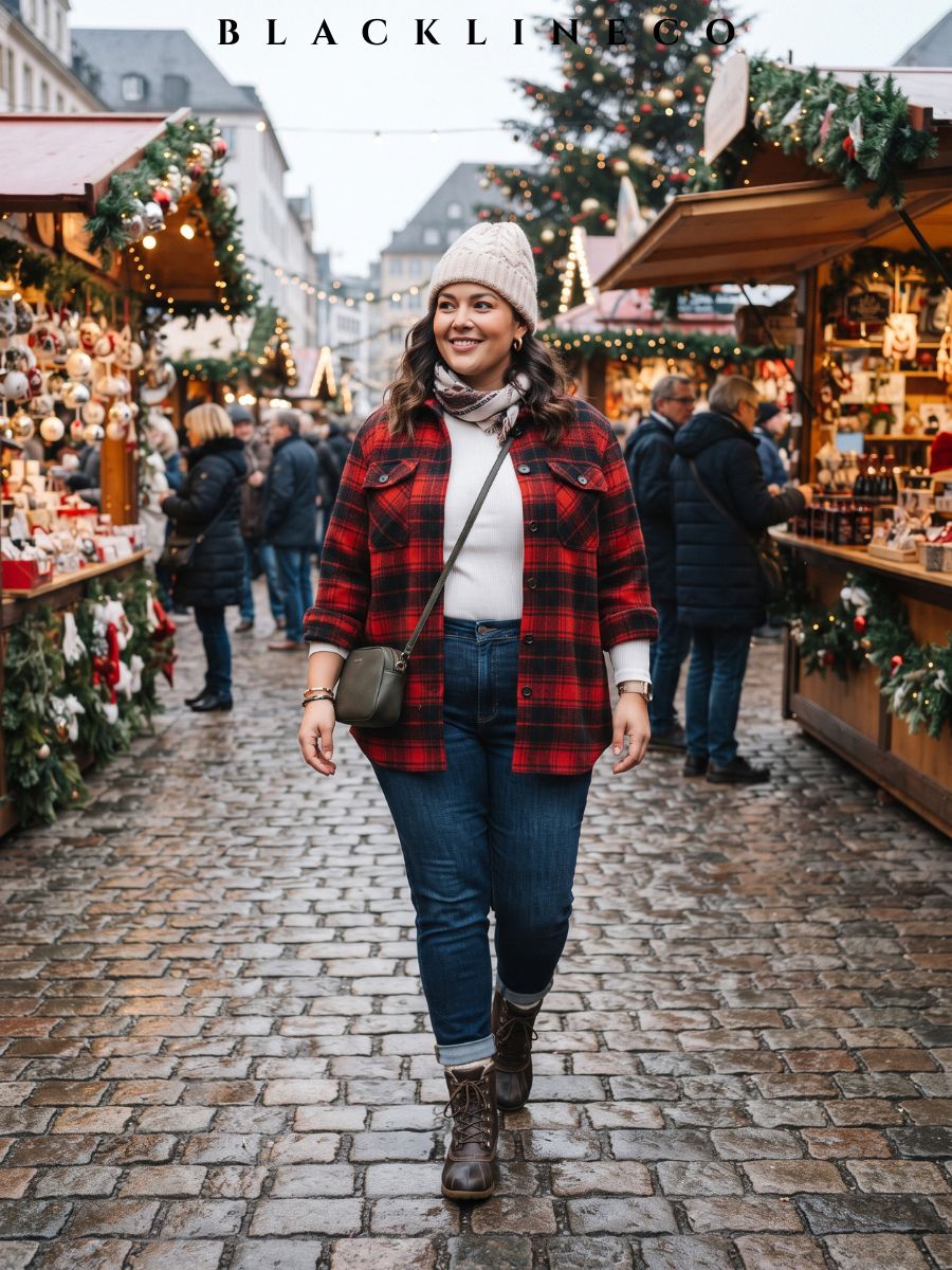 plus size red and black plaid shacket with a white top, dark jeans, and lace-up boots